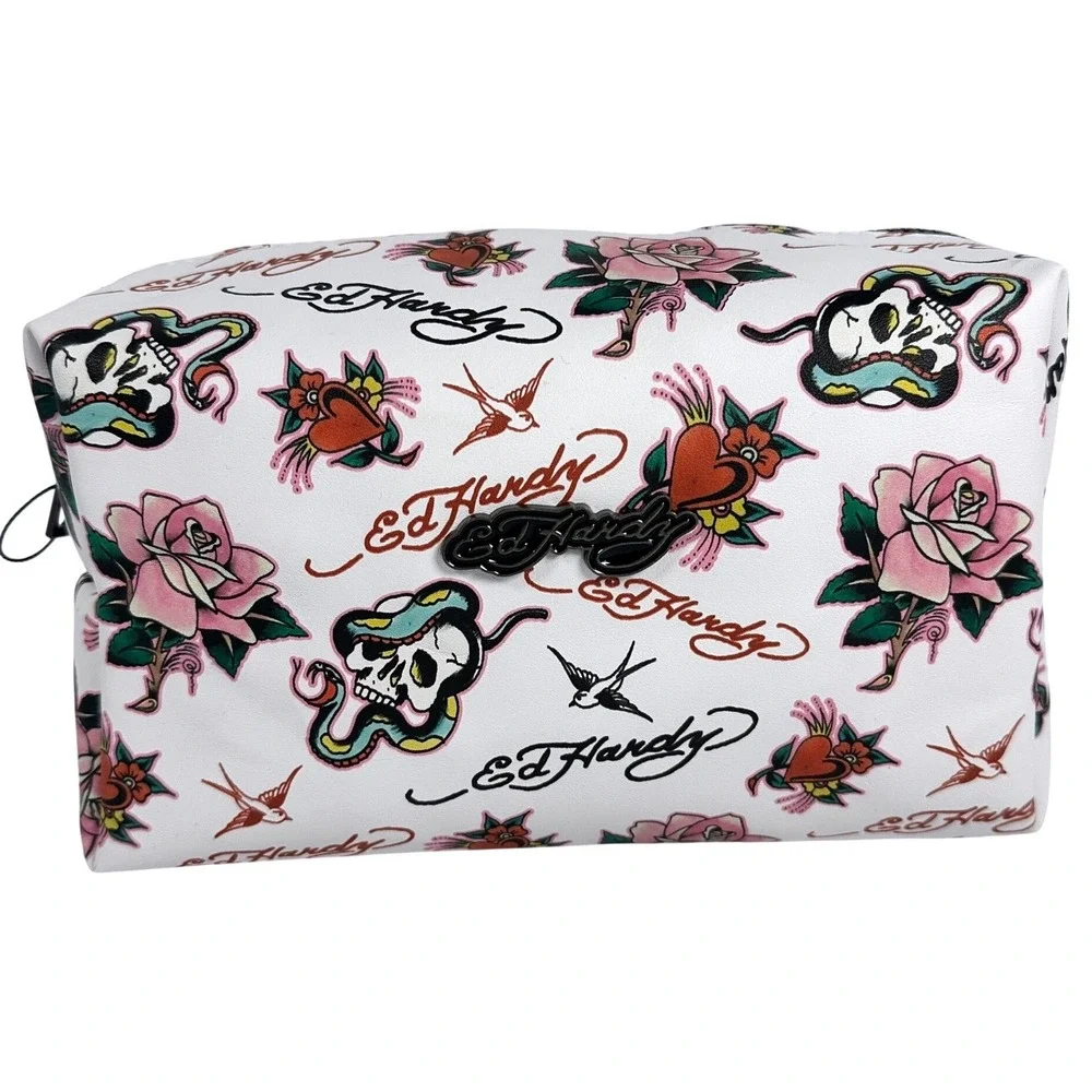 Ed Hardy Loaf‎ Style Cosmetic Bag White Tattoo Print Vegan Leather Makeup Pouch